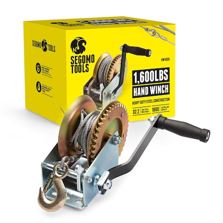 Segomo Tools Heavy Duty 1600 Pound Manual, Two Way Ratchet 32.2 Foot Long Wire Hand Winch HW1600